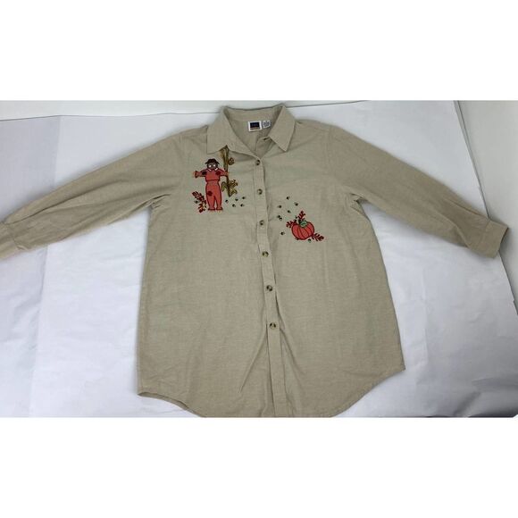 Vintage Embroidered Halloween Fall Pumpkin Scarecrow Cotton Shirt CST Sport - 1X - Picture 1 of 7